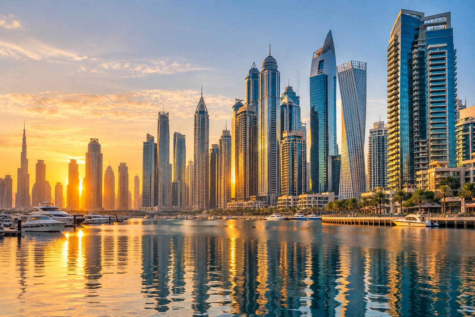 Modern Dubai waterfront skyline in warm morning light
